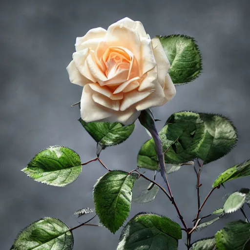 a single white rose with green leaves on a branch