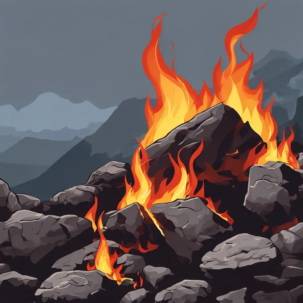 a pile of rocks on fire with mountains in the background