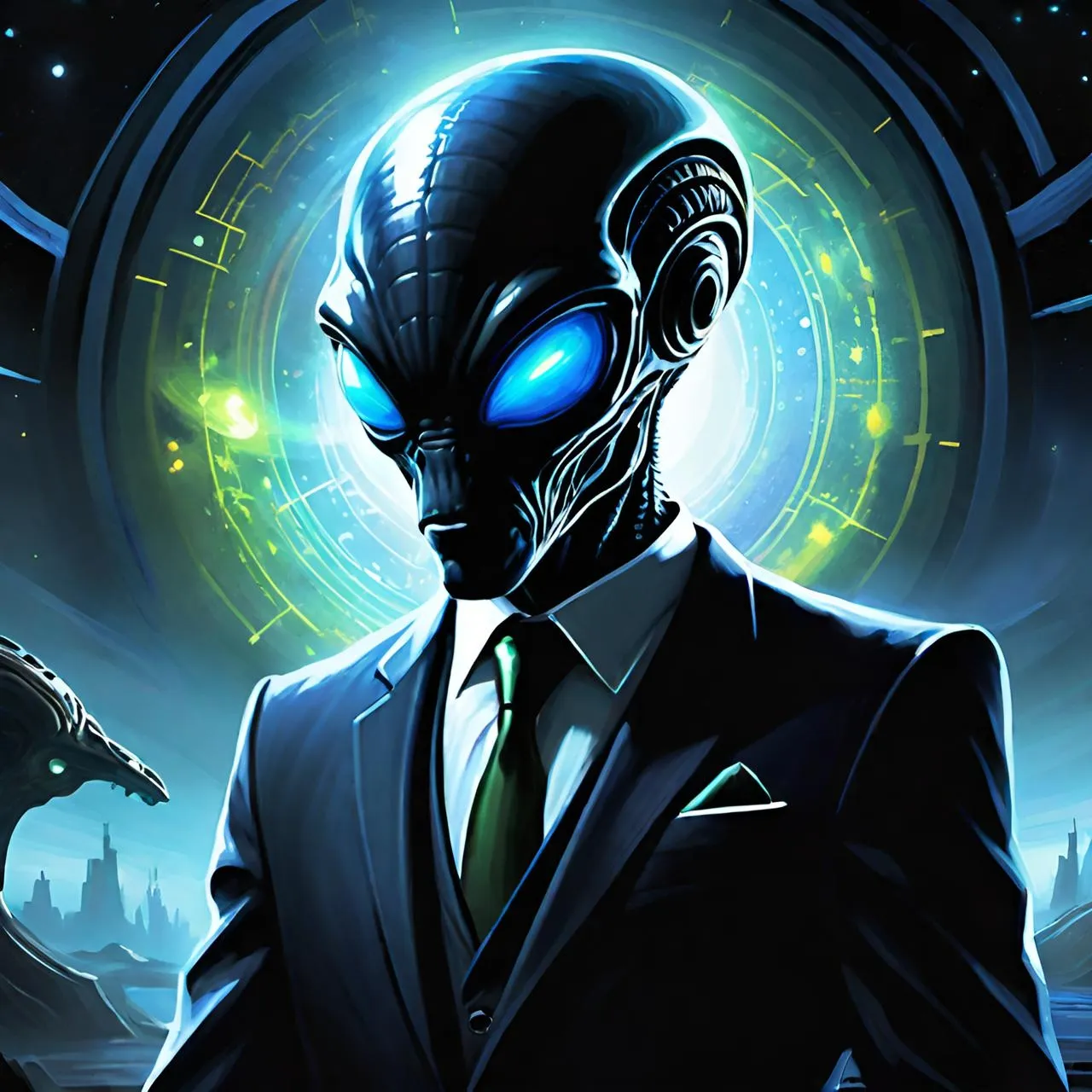 a man in a suit and tie with an alien face