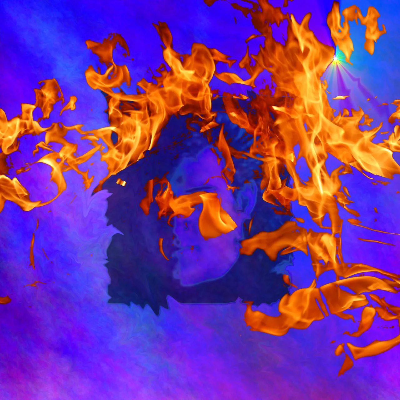 a woman's face is surrounded by flames