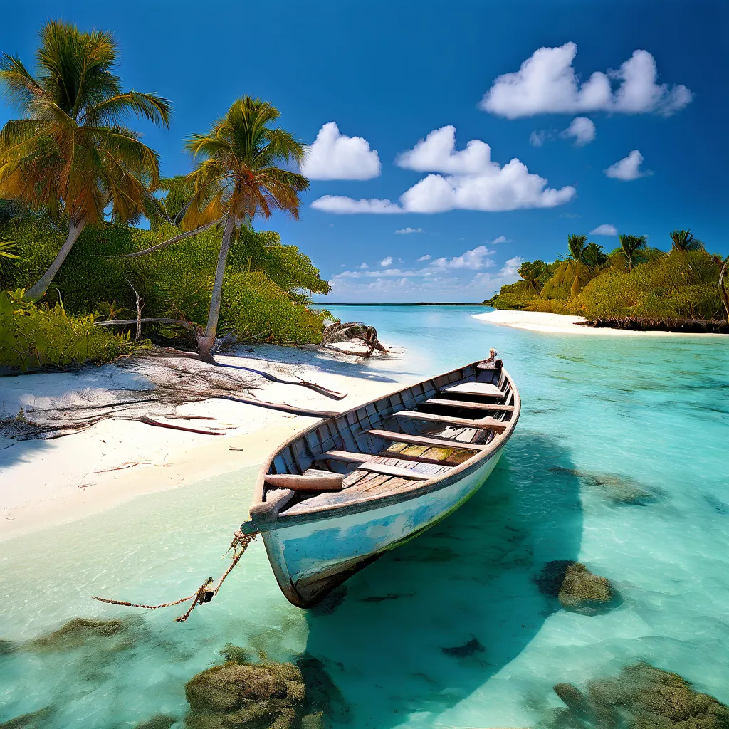 a boat on the shore of a tropical island