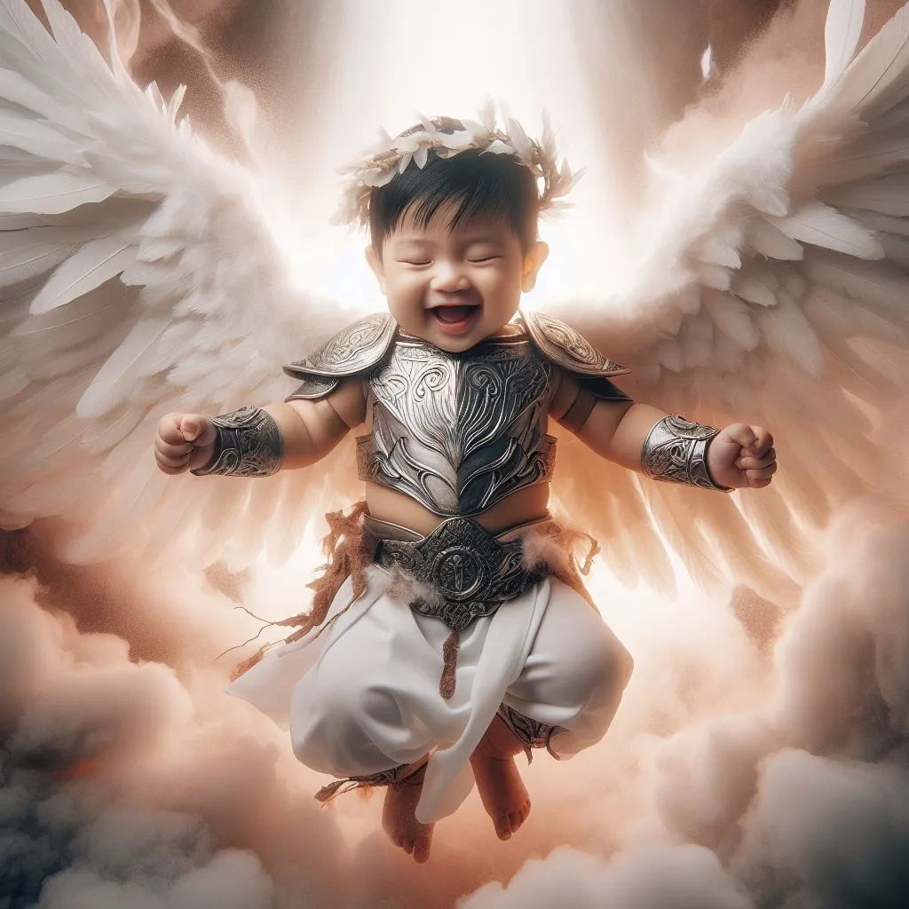 a baby with angel wings on a cloud of smoke