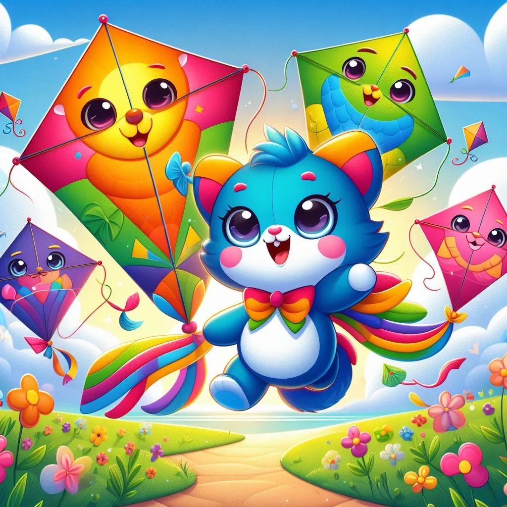 a group of cartoon animals flying kites in the sky