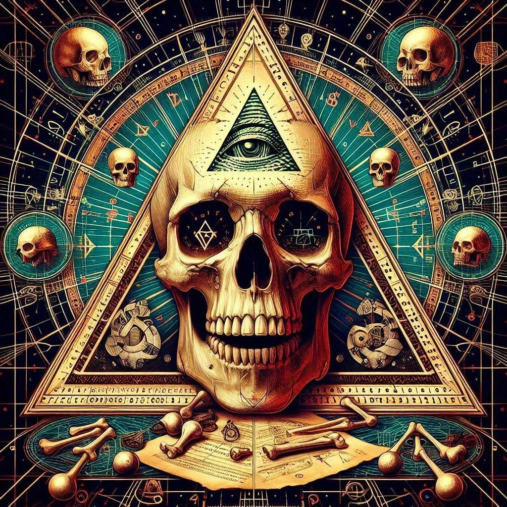 a skull with an all seeing eye on it and numbers around it