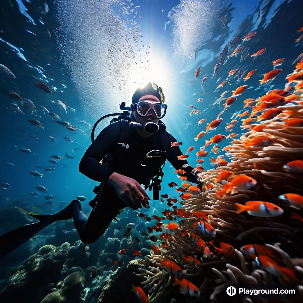 a man scubas in the ocean surrounded by fish