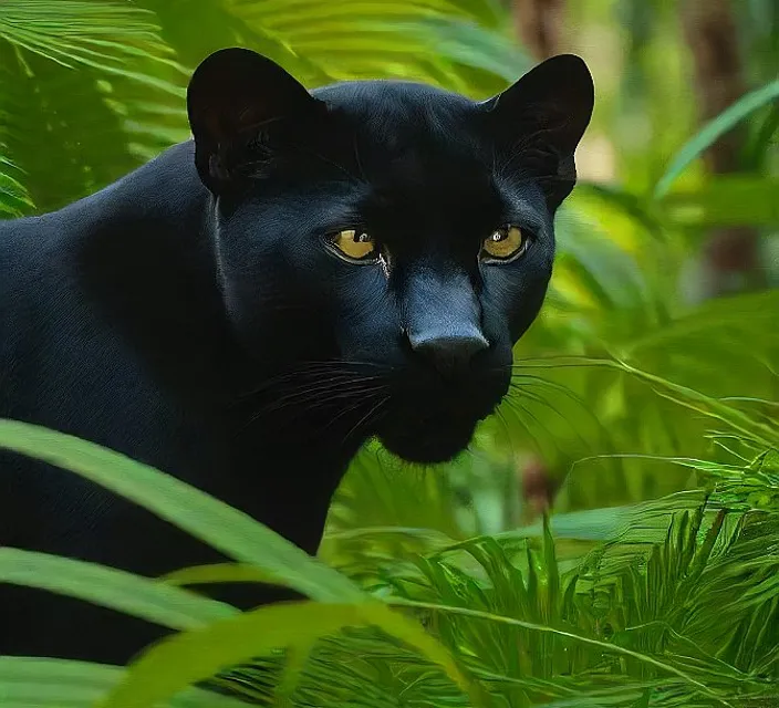 a close up of a black panther in a forest