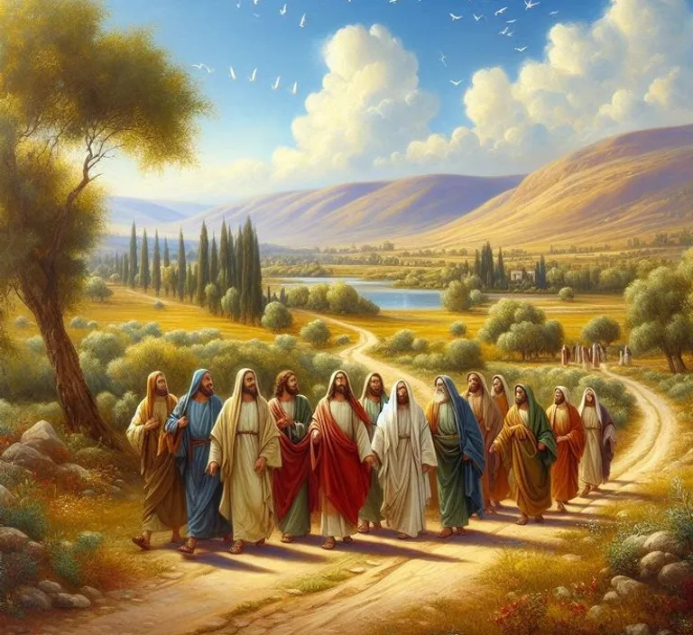 a painting of a group of people walking down a road