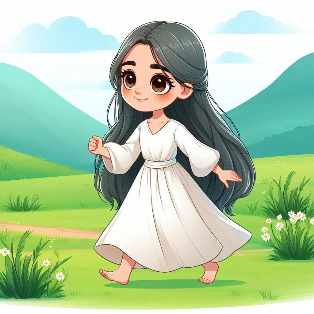 a beautiful old  village  woman  wearing white long dress , long hair with big eyes walking  on grass   animation  cartoon zoom out 