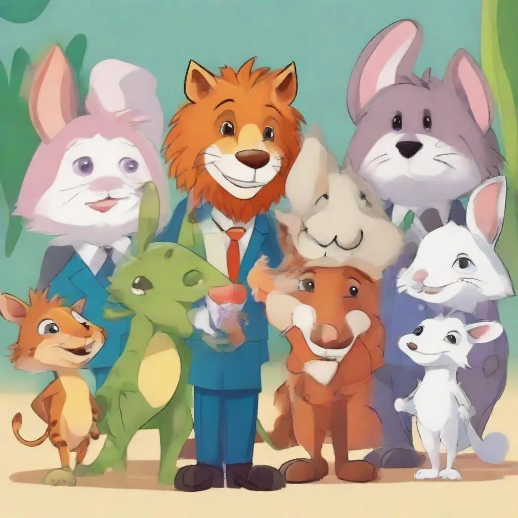 a group of cartoon animals standing next to each other, happy and moving and talking to eachother