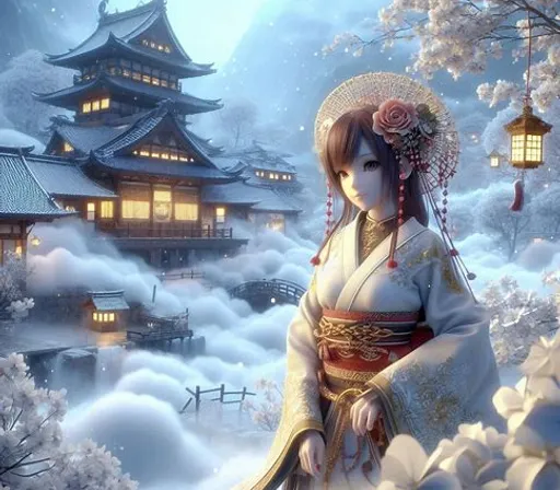 a woman in a kimono standing in a snowy landscape