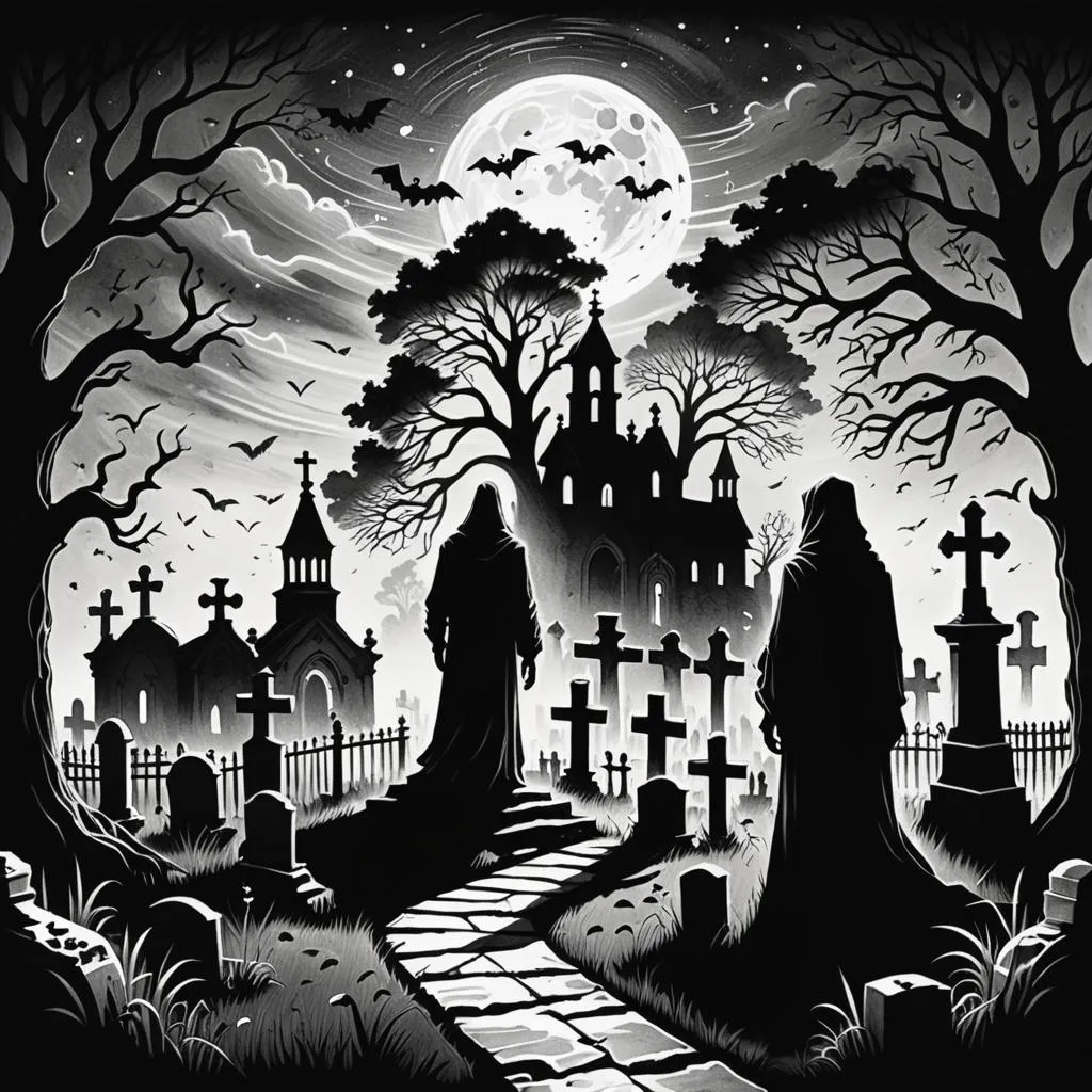 a black and white drawing of a cemetery