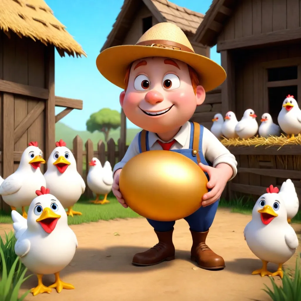 a cartoon character holding a golden egg surrounded by chickens