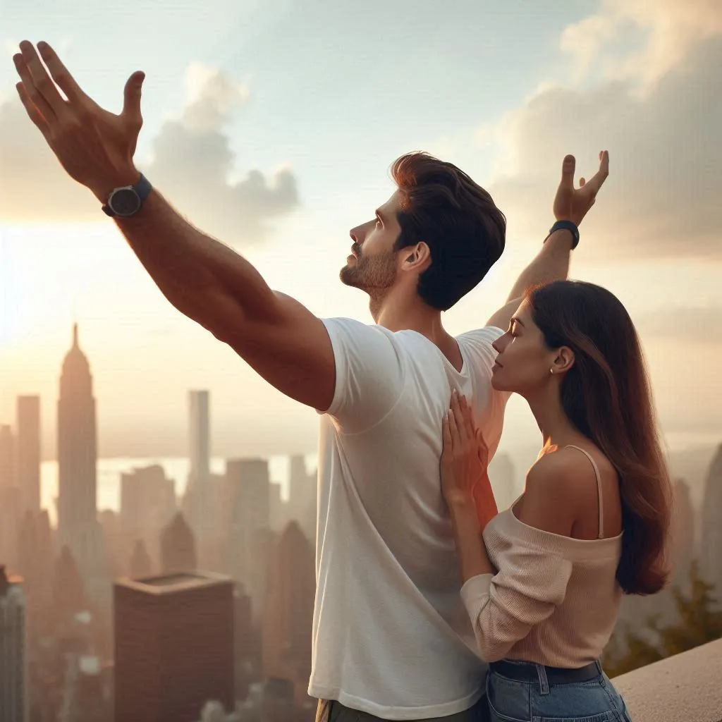 a man and a woman standing on top of a building