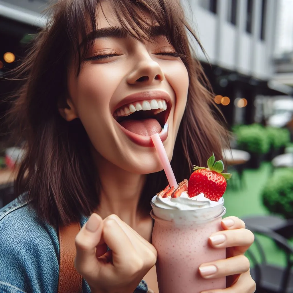 The woman takes another sip of Strawberry Milkshake and her expression shows uncontrollable joy and a desire for more.