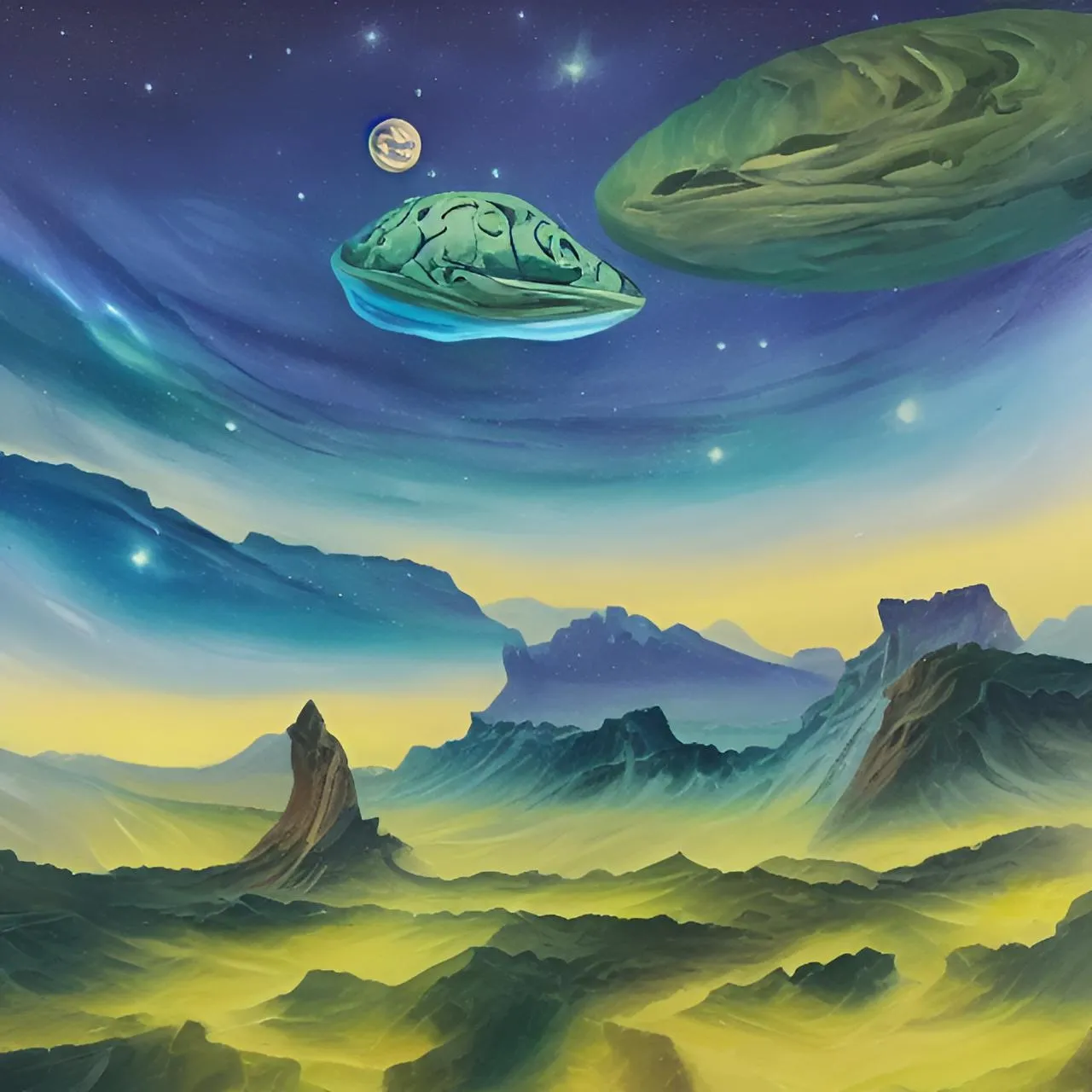 a painting of an alien landscape with mountains and planets