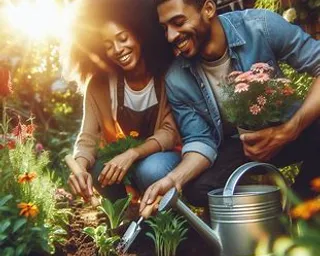 a man and a woman are gardening together