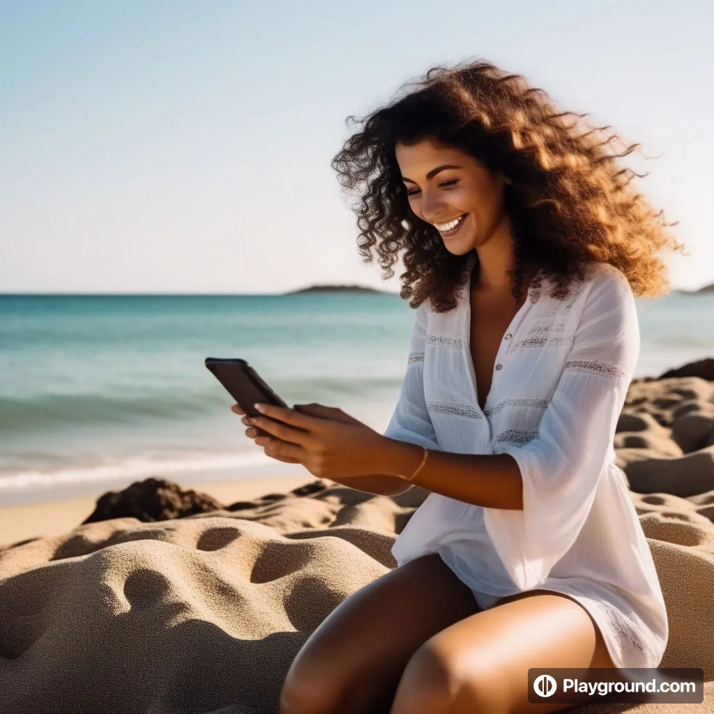 a woman sitting on a beach looking at her cell phone