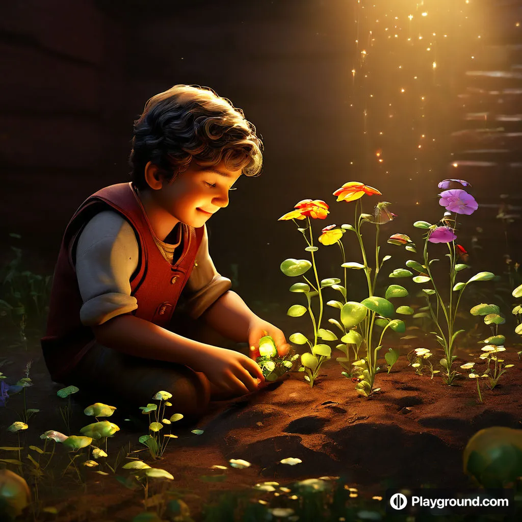 a little boy kneeling down in a field of flowers