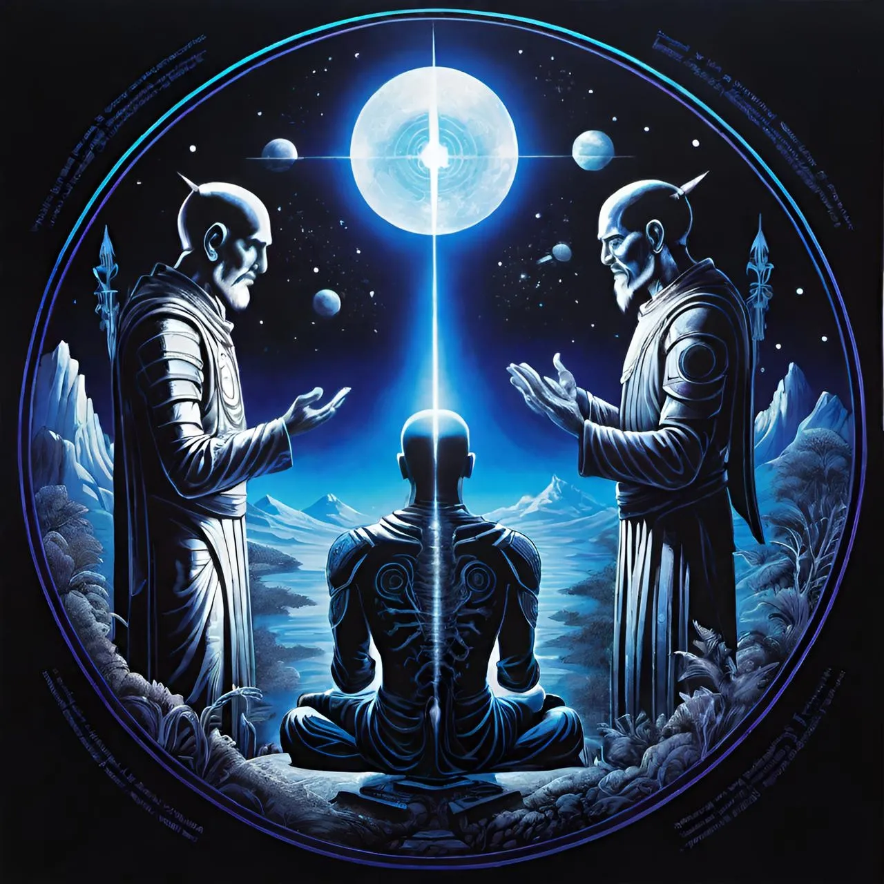 a painting of two men standing in front of a blue moon