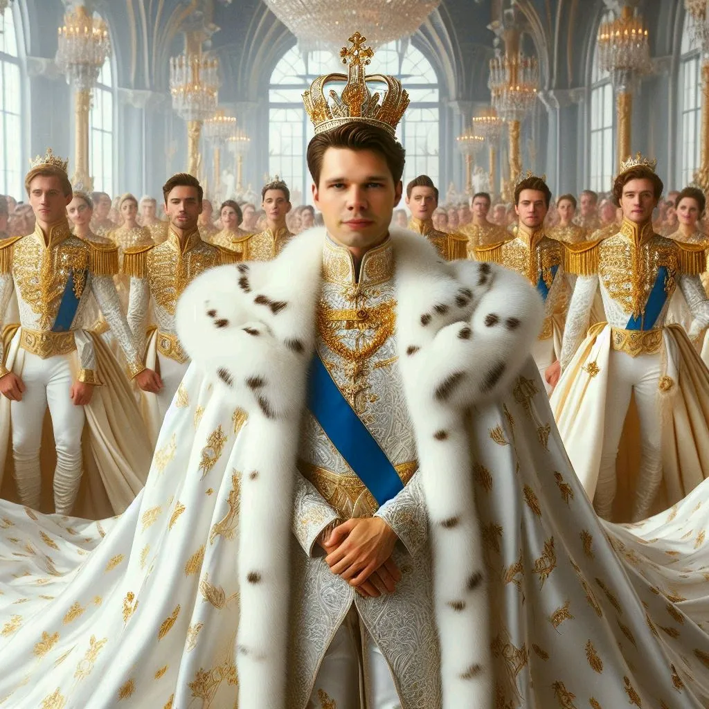 a emperor in a white and gold outfit standing in front of a group of men