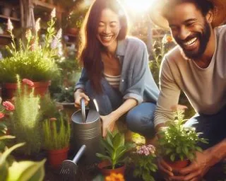 a man and a woman are smiling in a garden