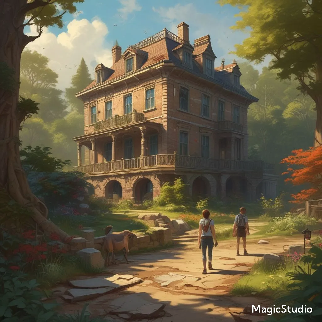 a painting of only two people walking alone in front of a house