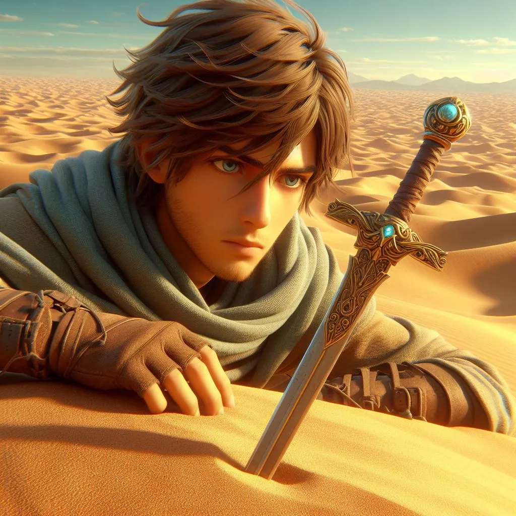 a man in a desert holding a sword