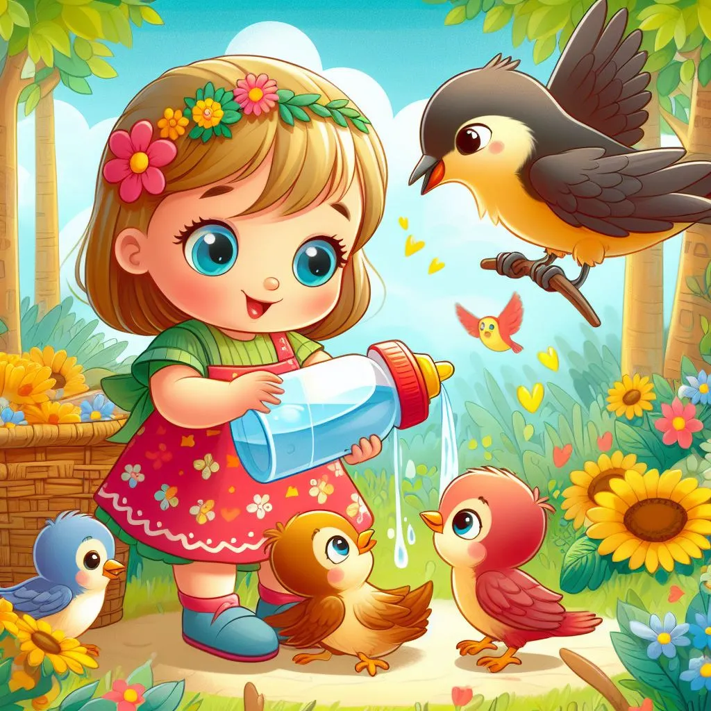 a little girl is watering her birds with a bottle