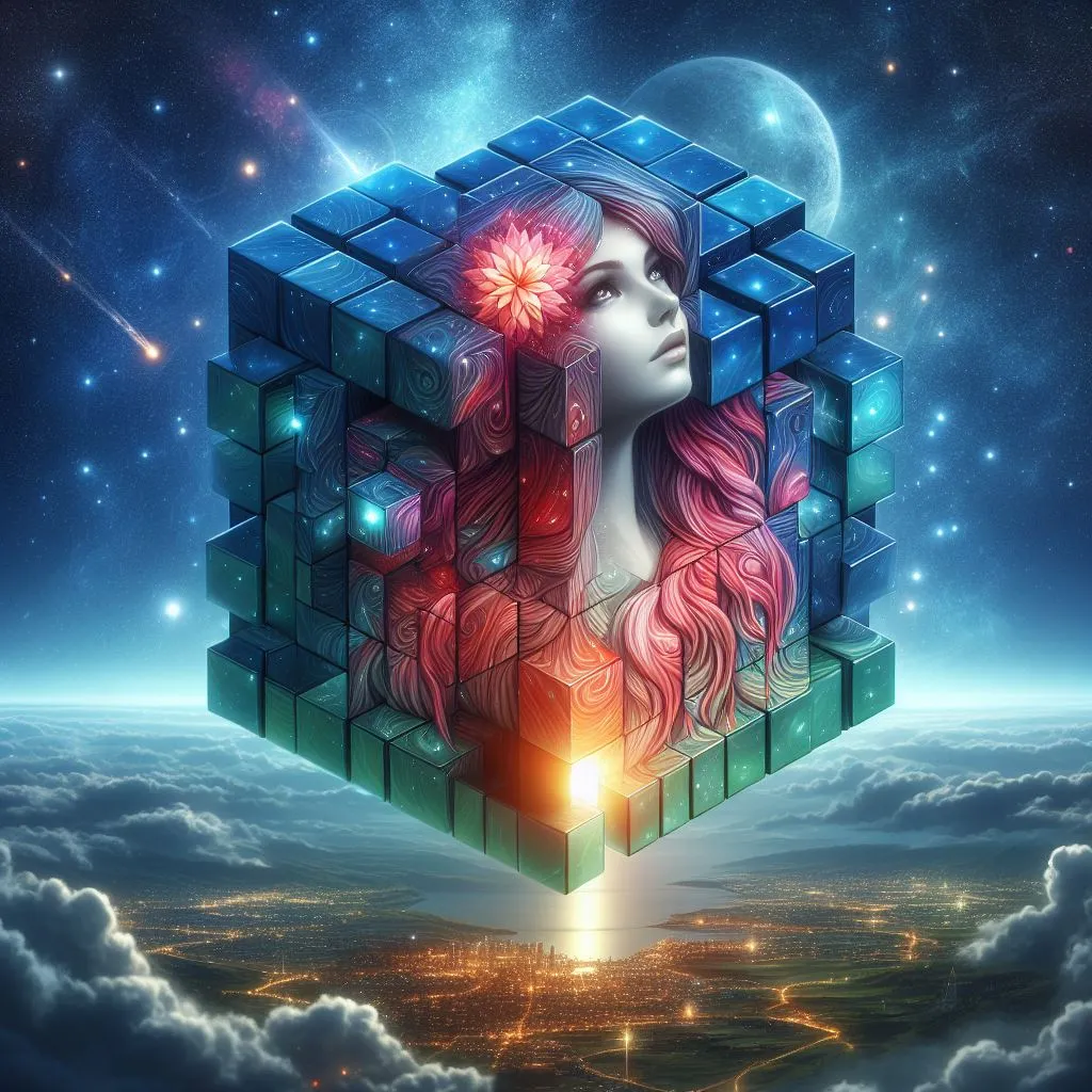 a digital painting of a woman's face in a cube