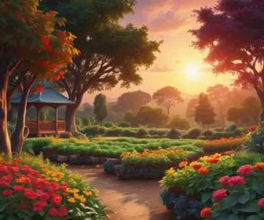 a painting of a garden with flowers and a gazebo