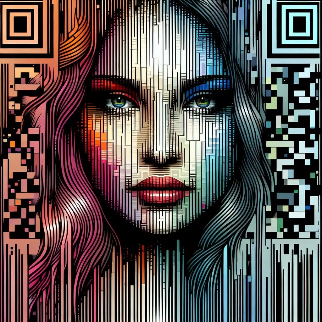 a woman's face with a barcode background