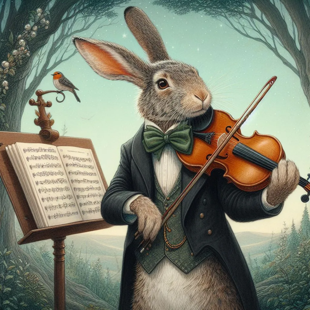 a painting of a rabbit playing a violin