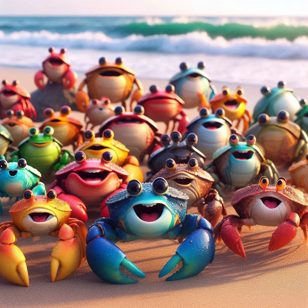 a group of toy crabs on a beach