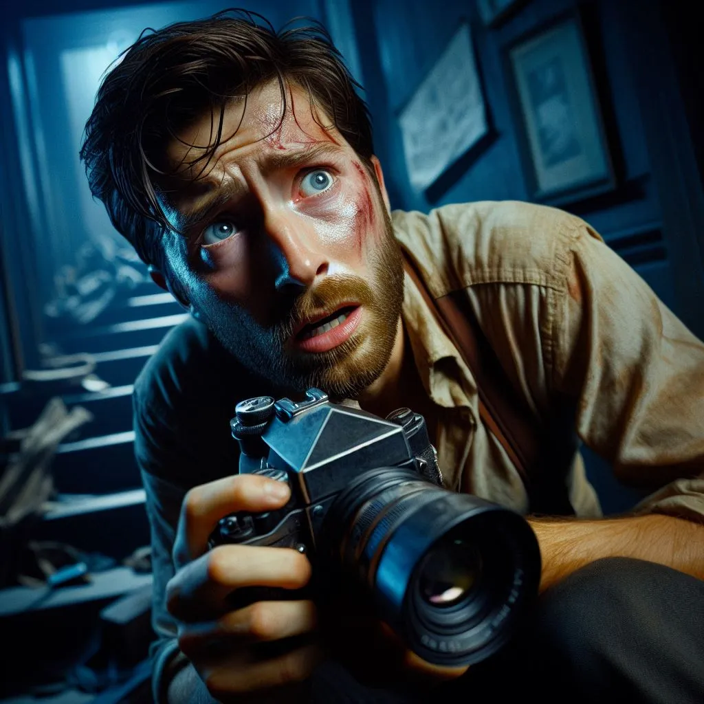 a man holding a camera in a dark room