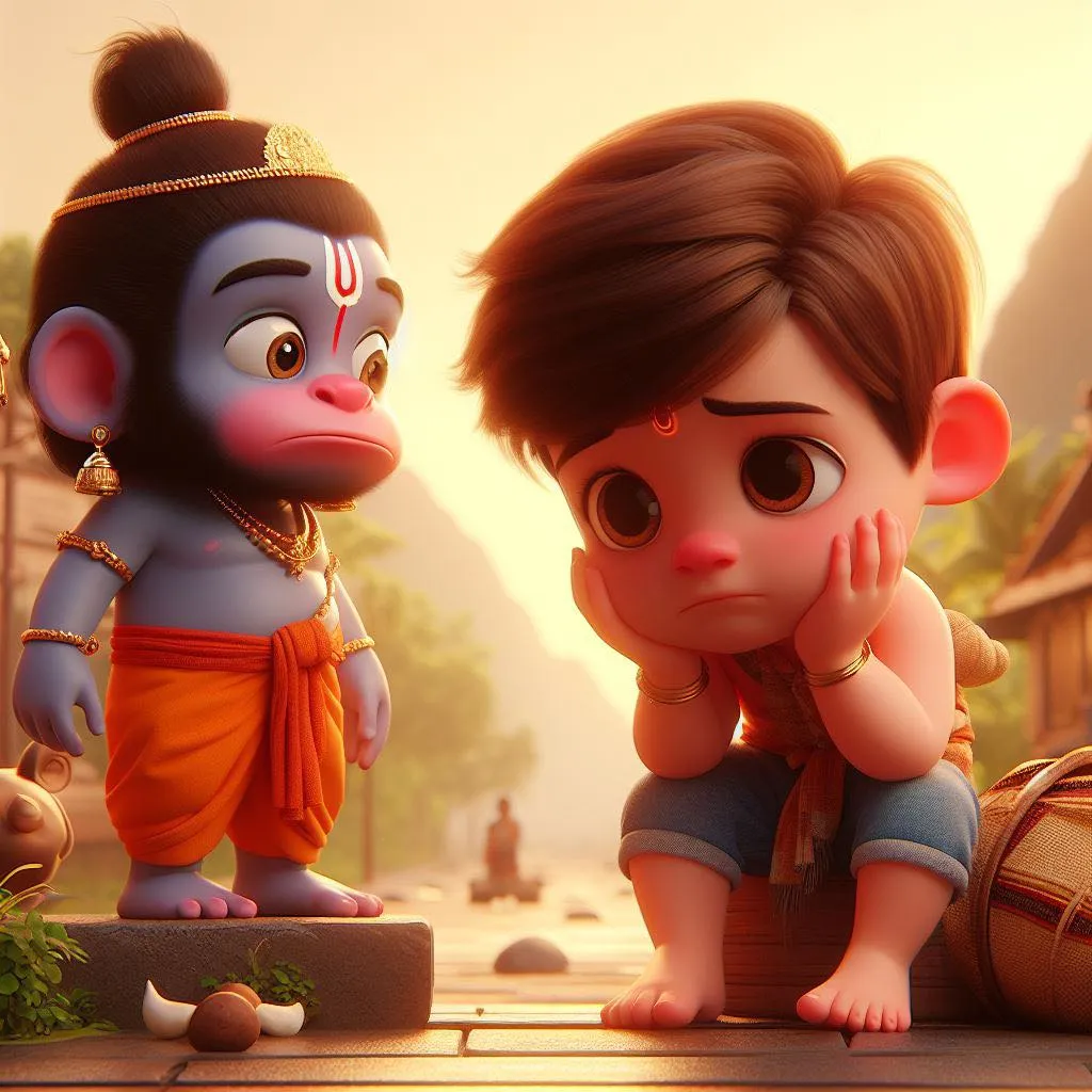 a boy and hanuman talking each other