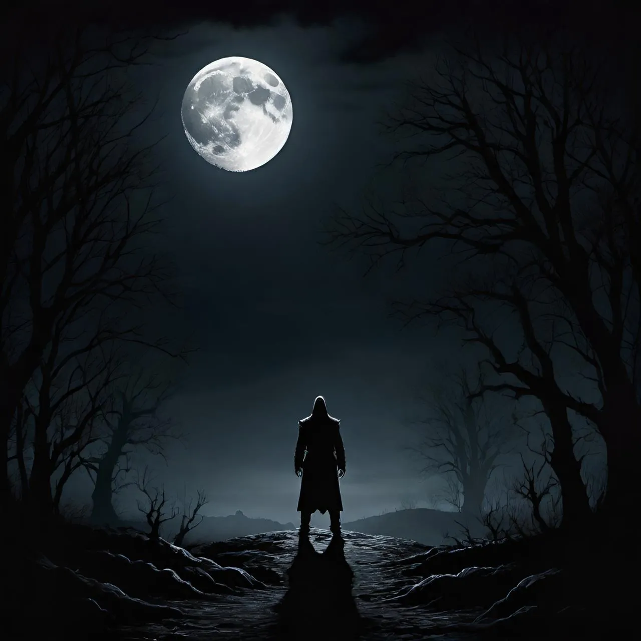 a man standing in the middle of a dark forest under a full moon