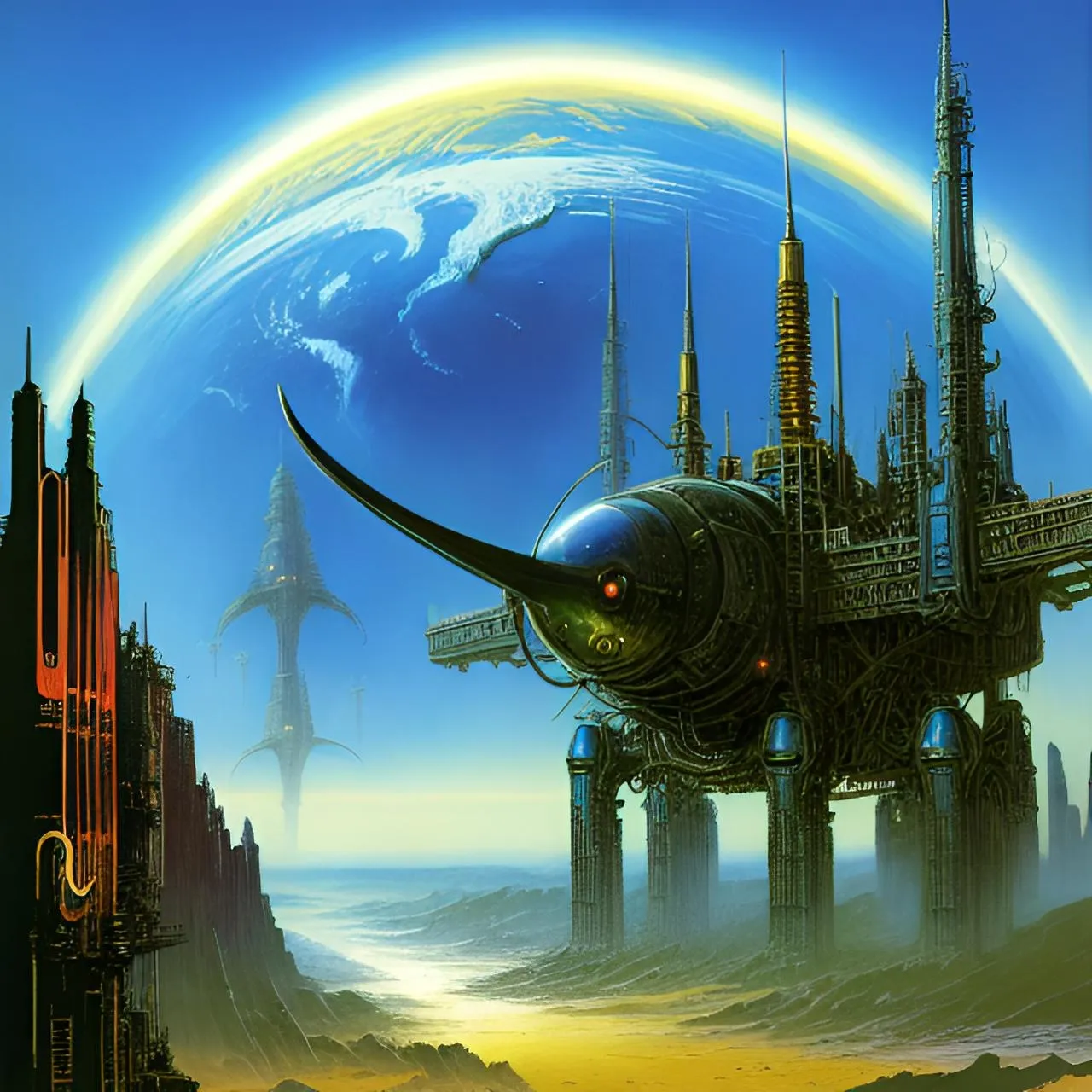 a painting of a futuristic city surrounded by a giant blue planet