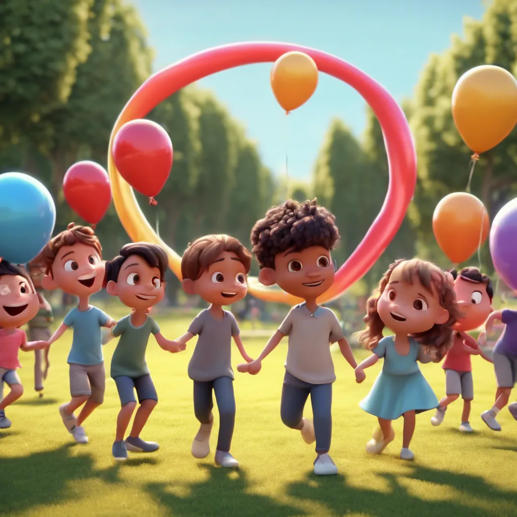 Visual: Ten children dancing in a park with big number balloons.Action: They hold hands, forming a circle, and dance in sync with the music.