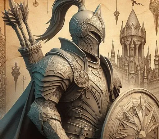 a painting of a knight holding a sword and shield