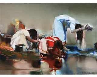 a painting of a group of people by the water