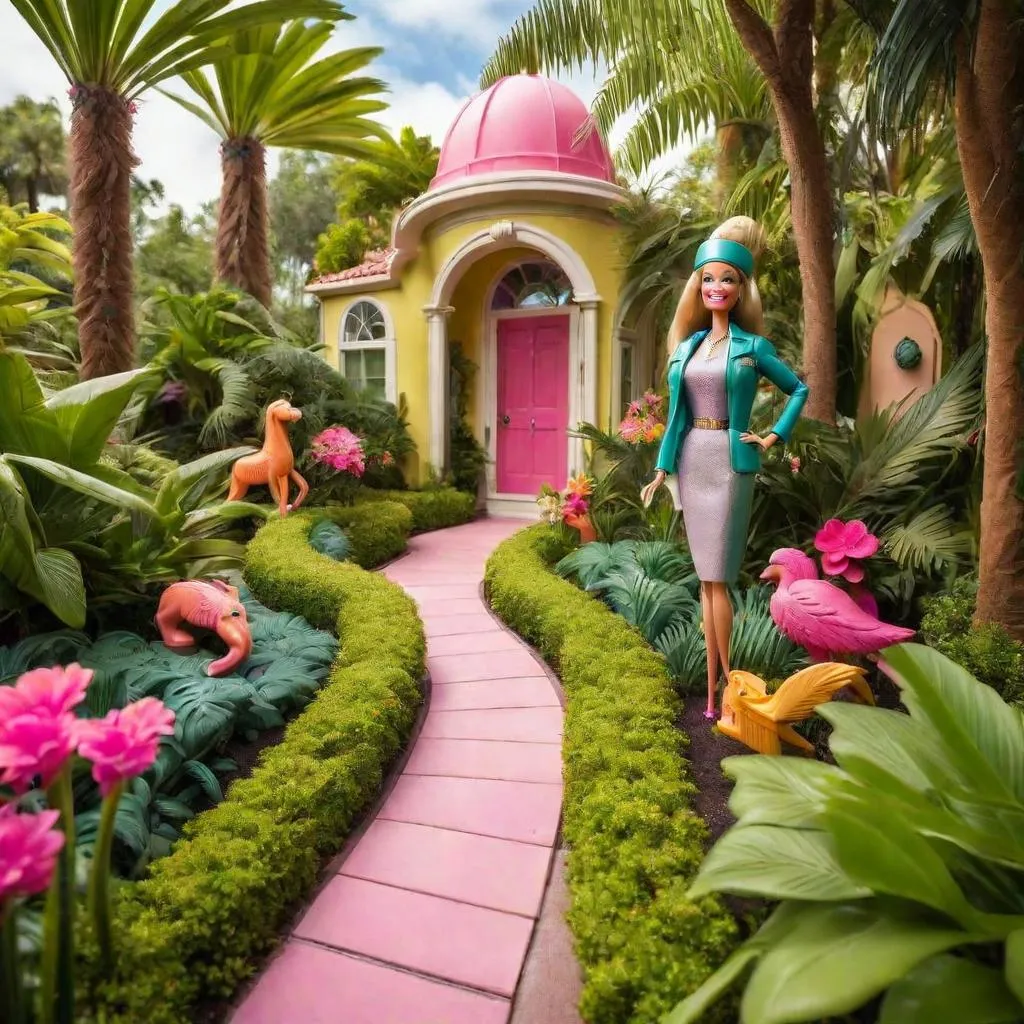 Barbies posing inside a gingerbread house with a village of candy buildings behind them