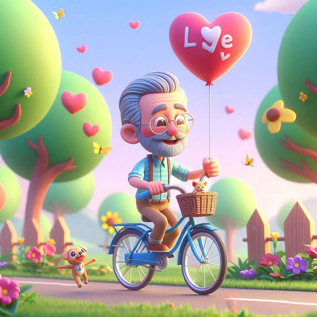 a man riding a bike with a heart shaped balloon