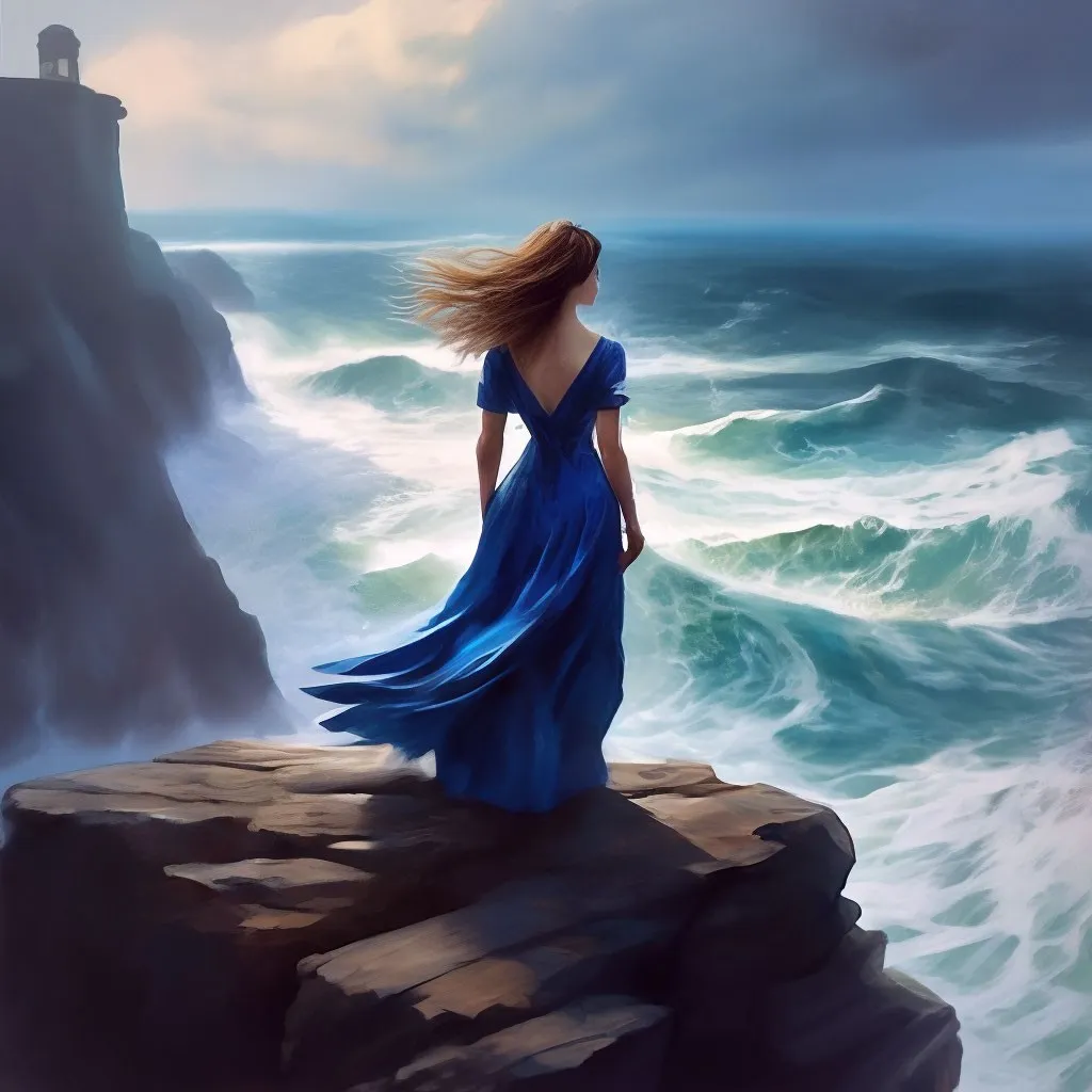 a painting of a woman in a blue dress standing on a cliff overlooking the ocean