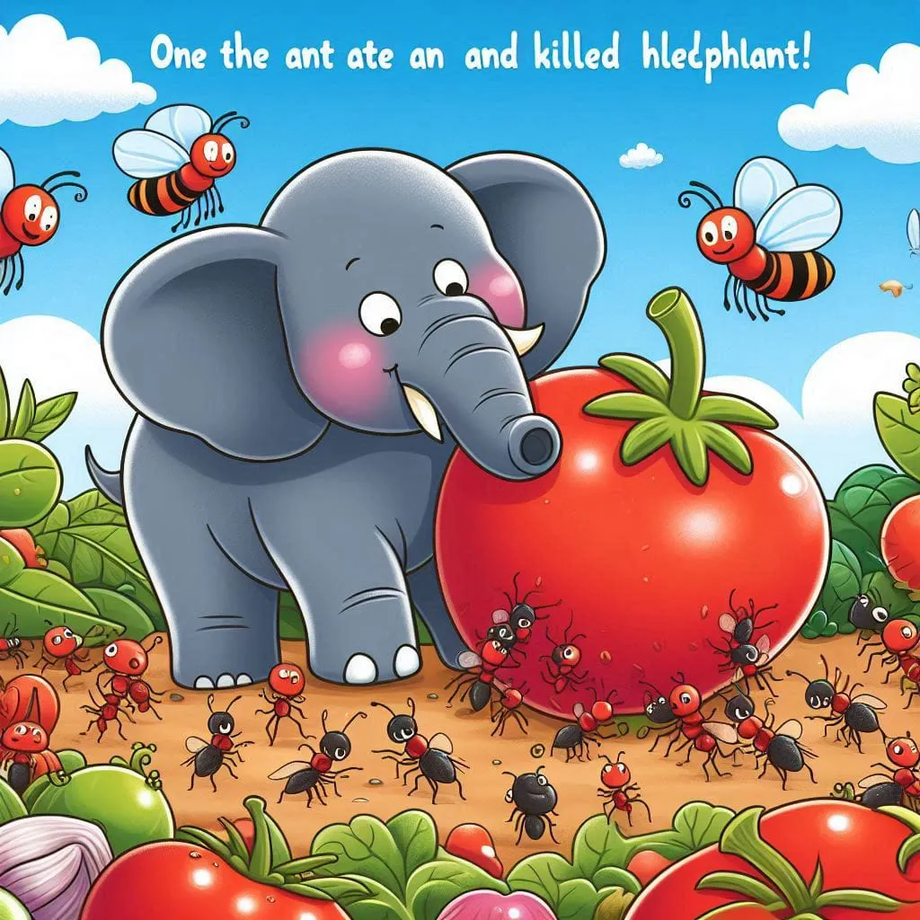 a picture of an elephant picking up a tomato