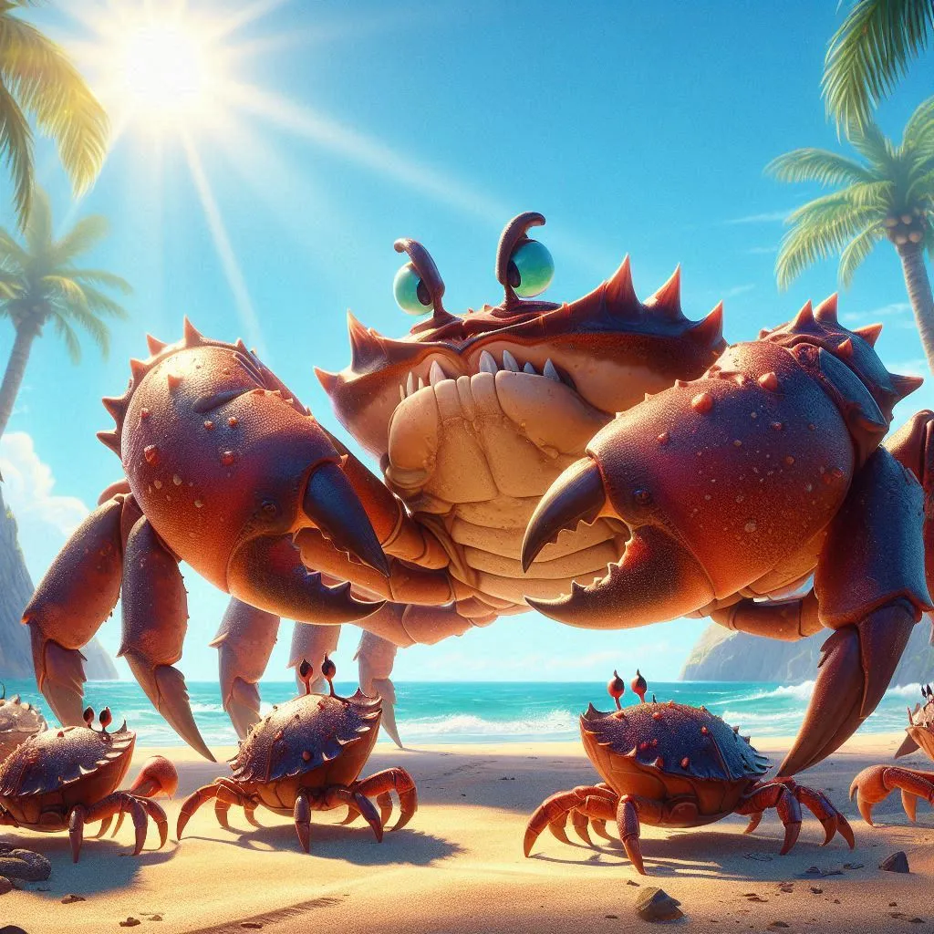 a group of crabs on a beach with palm trees