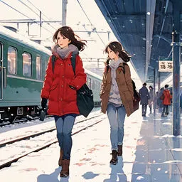 a couple of women walking next to a train