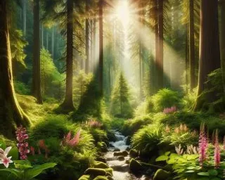 a stream running through a lush green forest