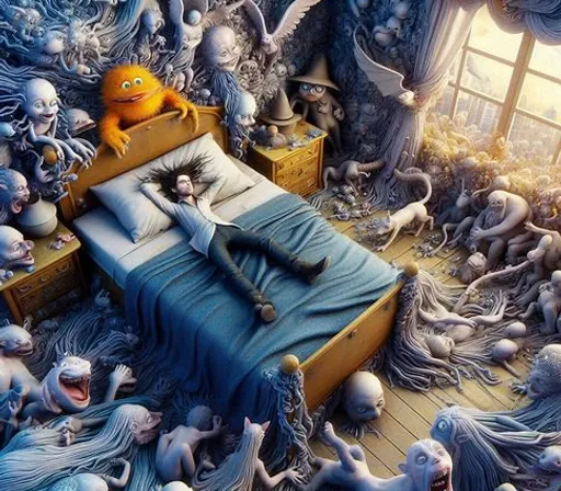 a painting of a person laying on a bed surrounded by monsters