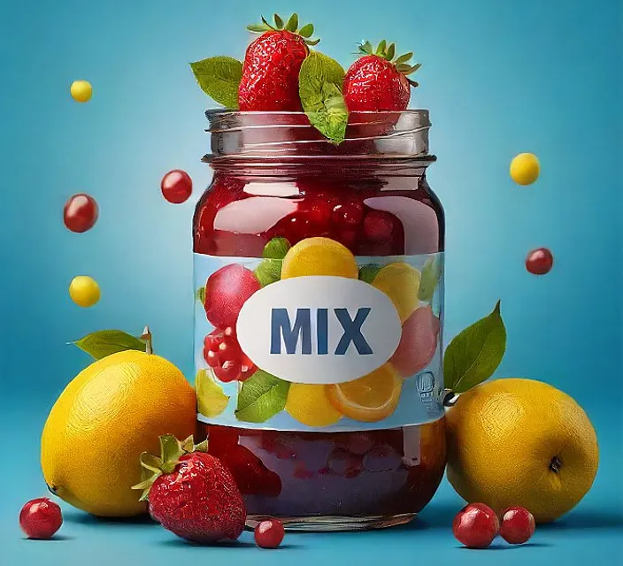 a jar of mixed fruit on a blue background word mix up jam on it