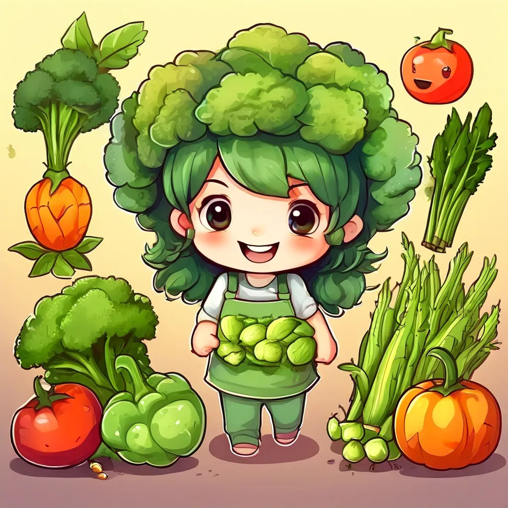 a cartoon girl surrounded by vegetables and fruits